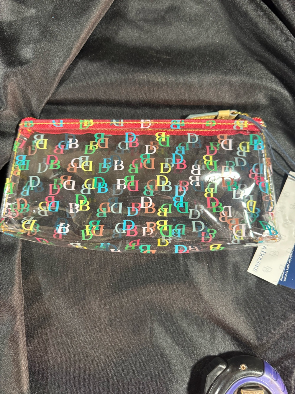 Dooney & Bourke Clear Glossy Zip Pouch with Multicolor DB Logos